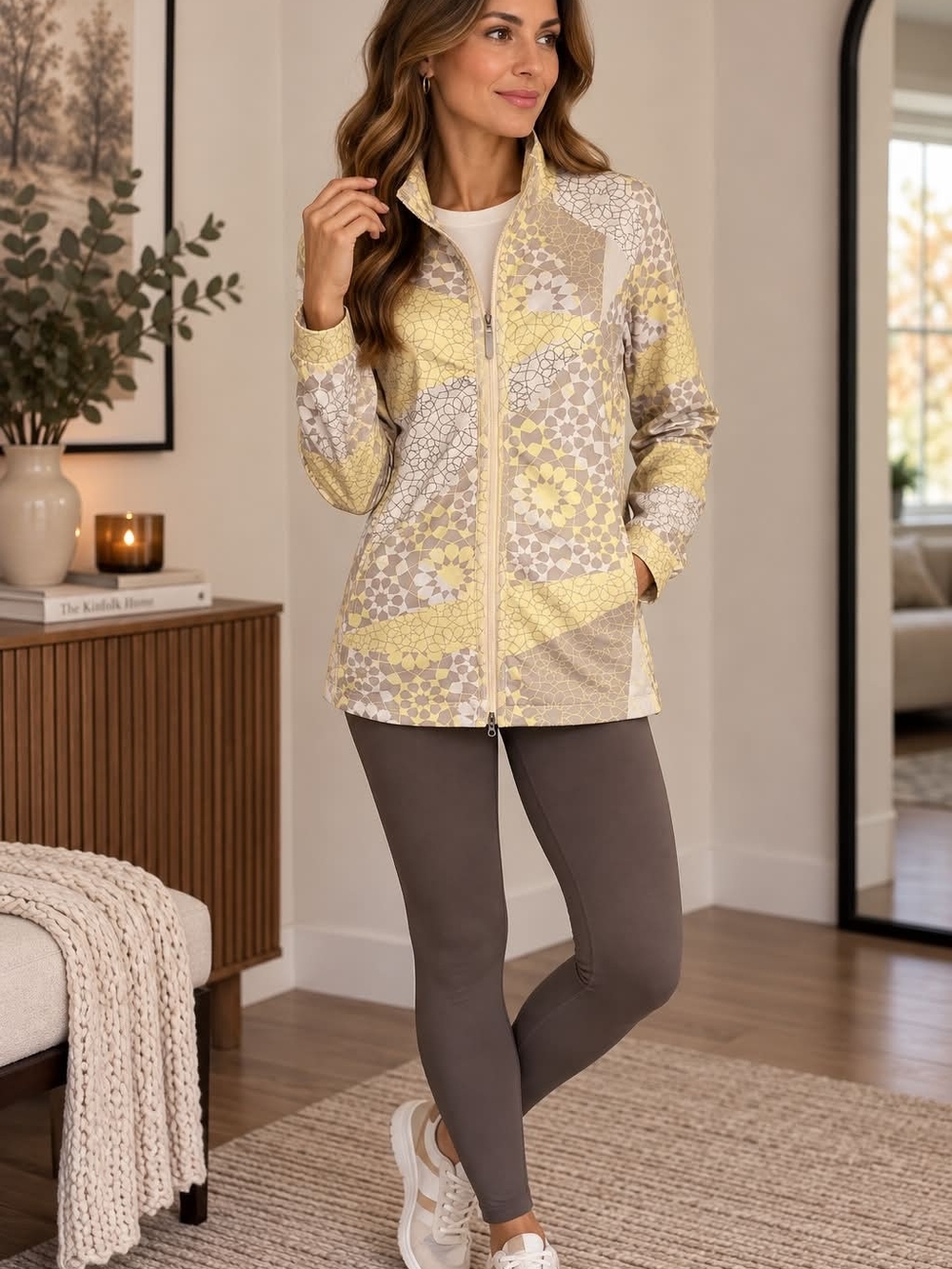 Lightweight Printed Zip-Front Jacket in Yellow & Beige